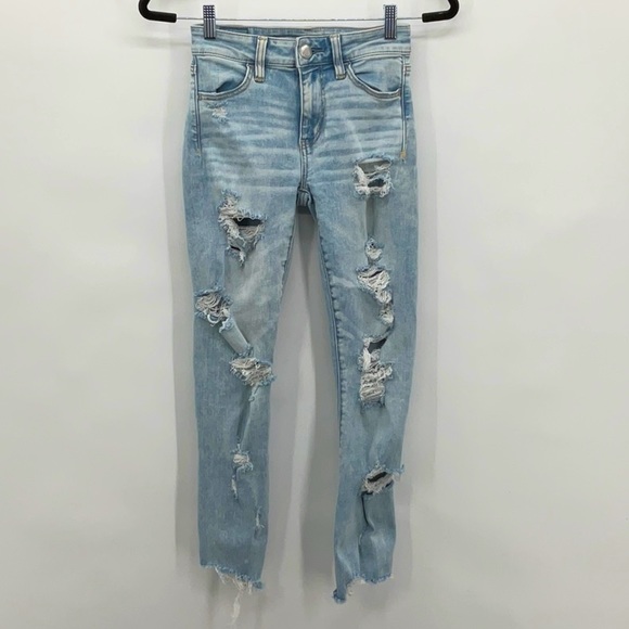 American Eagle Hi Rise Jegging Crop Destroyed Jeans Size 0 - Picture 2 of 12